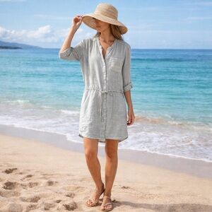 STANDARD JAMES PERSE 100% Linen Khaki Drop Waist Button Front Shirt Dress Sz L